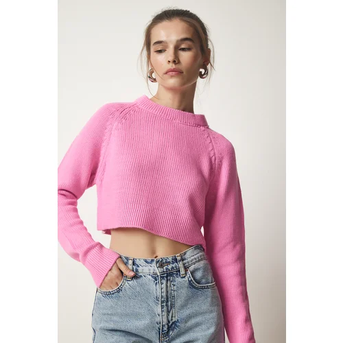  Women's Pink Crew Neck Crop Knitwear Sweater