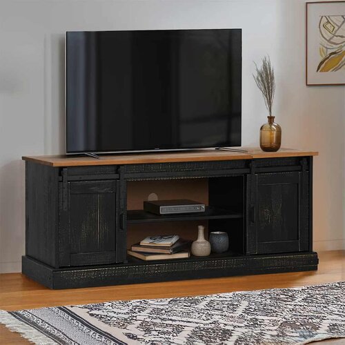 TV ormarić HALDEN 2 klizna vrata crni 150x40x60 cm puno drvo Cijene