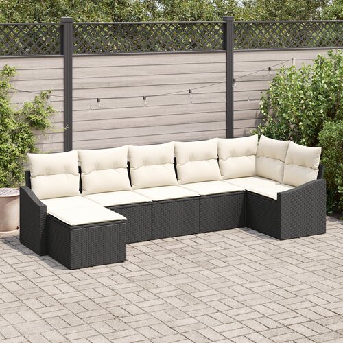 vidaXL 7-delna vrtna jedilna garnitura z blazinami Črn Poly Rattan Cene