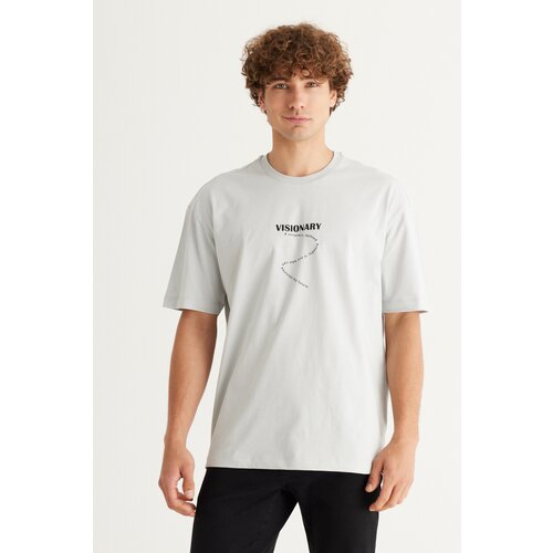 AC&Co / Altınyıldız Classics Men's Light Gray Long Fit Slim Fit, Crew Neck 100% Cotton Printed T-Shirt. Slike