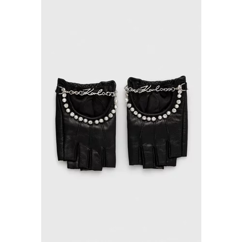 Karl Lagerfeld Usnjene rokavice brez prstov ženski, črna barva