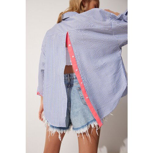 Happiness İstanbul Women's Blue Pink Stripe And Button Detailed Striped Oversize Shirt Slike