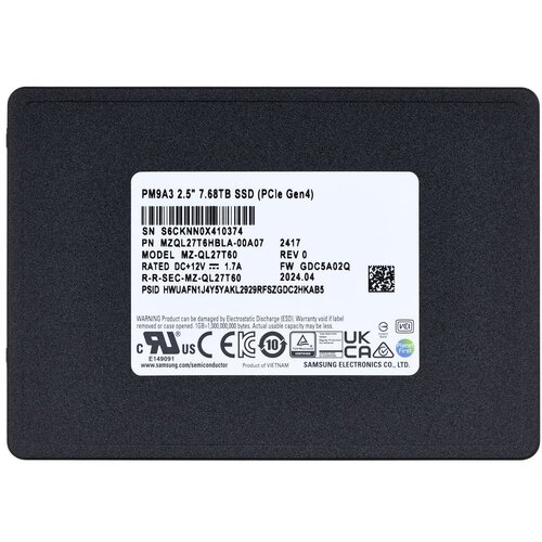 SAMSUNG SEMICONDUCTOR SSD Samsung PM9A3 7.68TB U.2 NVMe PCI 4.0 MZQL27T6HBLA-00A07 (DWPD 1) Slike