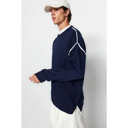 Trendyol Navy Blue Men's Oversize Fit Wide Fit Crew Neck Trim Detailed Knitwear Sweater