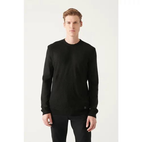 Avva Men's Black Crew Neck Herringbone Patterned Standard Fit Normal Cut Knitwear Sweater