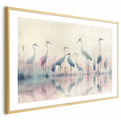  Plakat - Birds by the Lake - herons painted in watercolor in a delicate  gray-pink palette 90x60 Zlatni okvir s margom Cijene