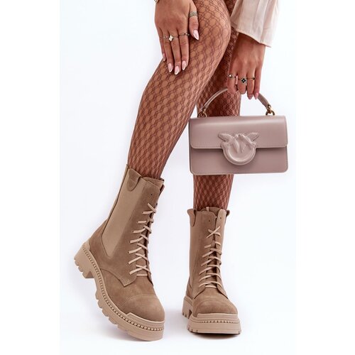 Nicole Women&amp;#039;s Suede Ankle Boots Lace-Up Beige 2836 Slike