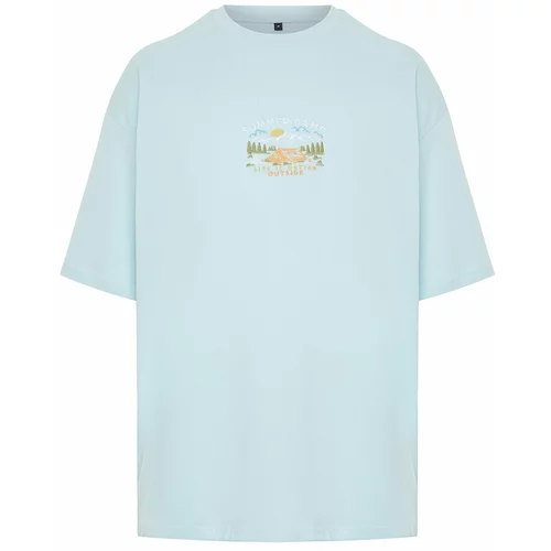 Trendyol Men's Blue Oversize/Wide-Fit Short Sleeve Landscape Embroidery 100% Cotton T-Shirt