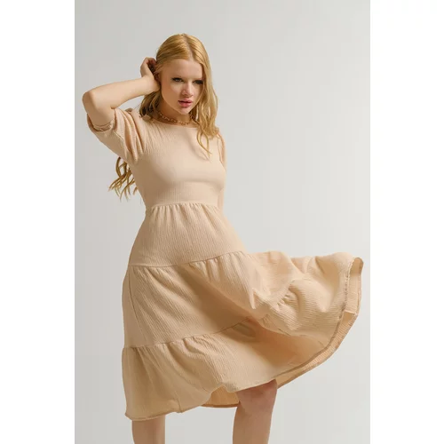 armonika Women's Beige Decollete Decollete Midi Length Waist Belted Dress