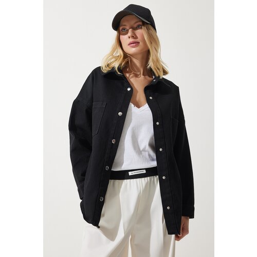  Women&amp;#039;s Black Oversize Gabardine Jacket with Pockets Slike