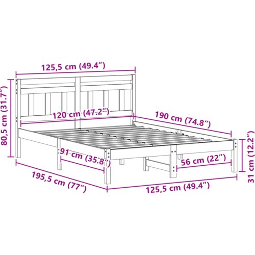 VidaXL krevetna konstrukcija smeđa 120 x 190 cm borova drva Slike