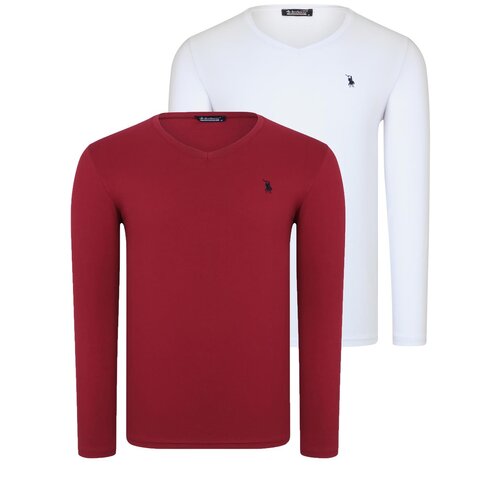 Dewberry DOUBLE SET T8587 V-NECK MEN&amp;#039;S SWEATSHIRT-WHITE-BURGUNDY Slike