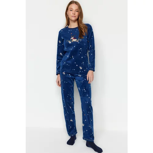 Trendyol Navy Blue Winter Patterned Fleece Tshirt-Pants Knitted Pajamas Set