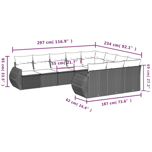  10-dijelni set vrtnih sofa od poliratana s jastucima sivi Siva 71 x 62 x 69 cm Slike