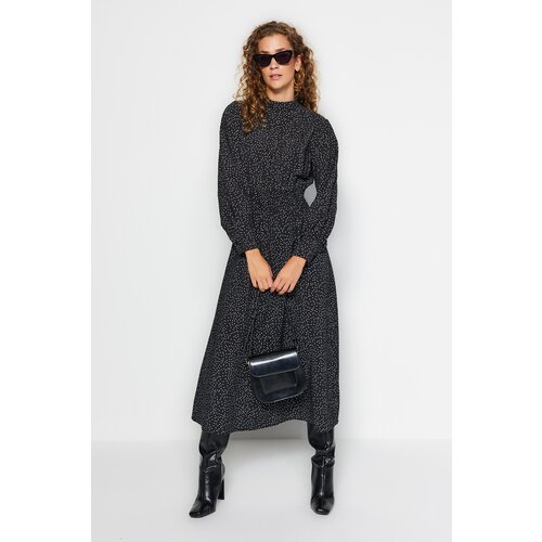 Trendyol Black Polka Dot Knitted Dress with Gipe Detail on the Waist Cene