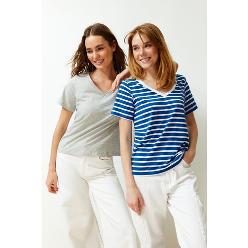Trendyol navy blue-grey package 100% cotton v-neck knitted t-shirt Slike