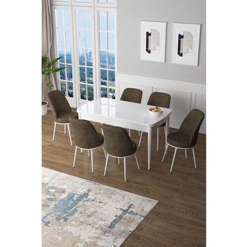 Hanah home Zen - White, Brown WhiteBrown Extendable Dining Table & Chairs Set (7 Pieces) Cene