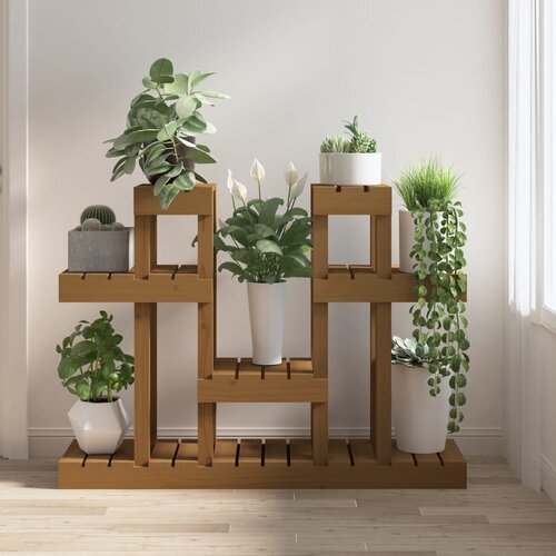 VidaXL Stojalo za rastline medeno rjavo 104,5x25x77,5cm trdna borovina Slike