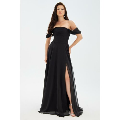 Carmen Black Chiffon Low Sleeve Long Evening Dress Cene
