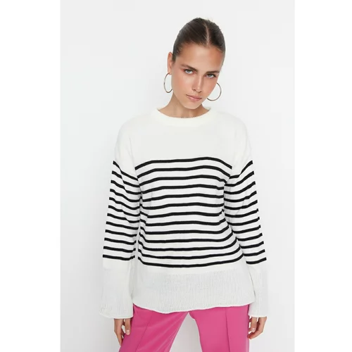 Trendyol Ecru Oversize Striped Knitwear Sweater