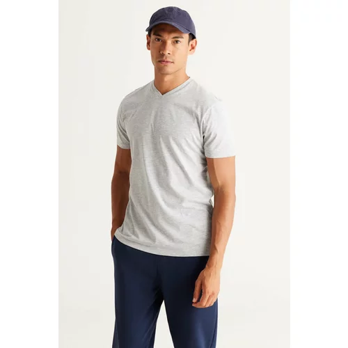AC&Co / Altınyıldız Classics Men's Gray Melange Cotton Slim Fit Slim Fit V-neck Short Sleeved T-Shirt.