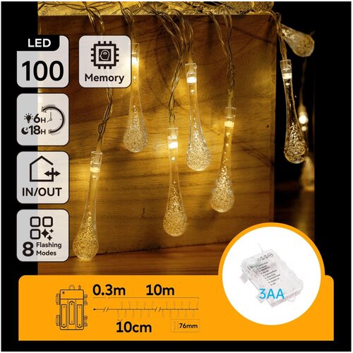 Aigostar LED spoljni božićni lanac 100xLED/8 funkcija 3xAA 10m IP44 topla bela kapljice Slike