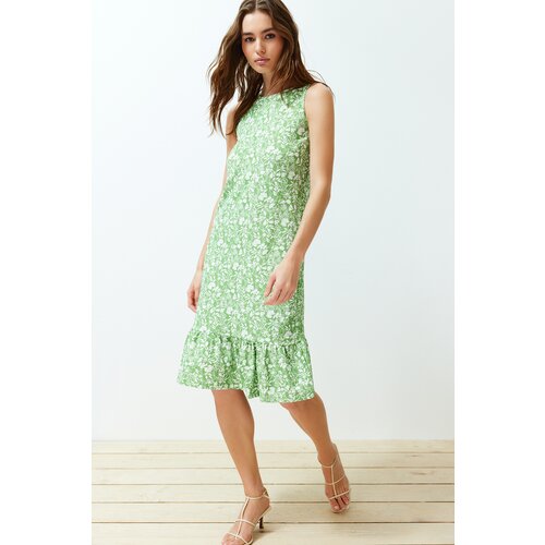 Trendyol ribbed stretchy knitted midi dress with green floral ruffle skirt Slike