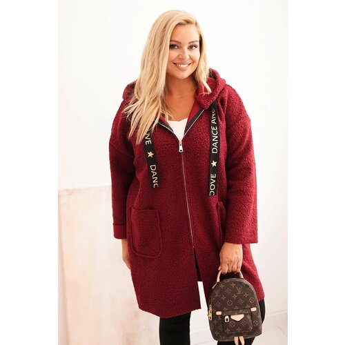 Kesi Włoski Plus Size women&amp;#039;s coat made of faux shearling with a hood and pockets burgundy Slike