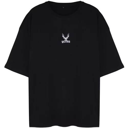 Trendyol Men's Plus Size Black Oversize Animal Embroidery 100% Cotton Comfortable T-Shirt
