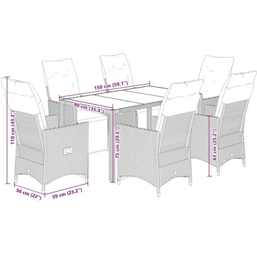  7-dijelni vrtni blagovaonski set s jastucima crni od poliratana Crna 150 x 90 x 75 cm Slike