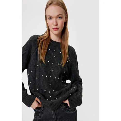 Koton Knitwear Sweater Crew Neck Pearl Detailed Knit Textured Long Sleeve