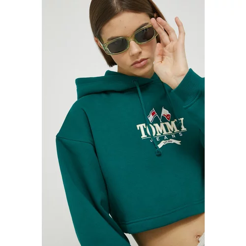Tommy Jeans dukserica za žene, boja: zelena, s kapuljačom, s aplikacijom