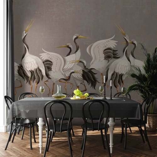  Foto tapeta - Crane dance – bright silhouettes of birds against a warm grey background with texture 500x350 Vodootporna Cene