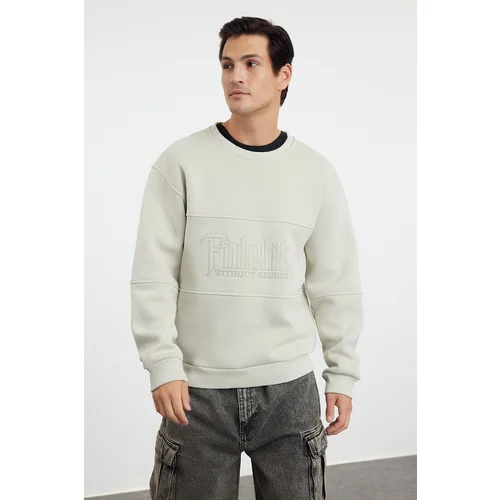 Trendyol Stone Oversize/Wide Cut Text Embroidered Crew Neck Sweatshirt