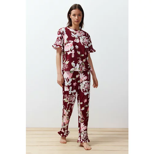 Trendyol Burgundy-Multi Color 100% Cotton Floral Ruffle Detail Knitted Pajamas Set