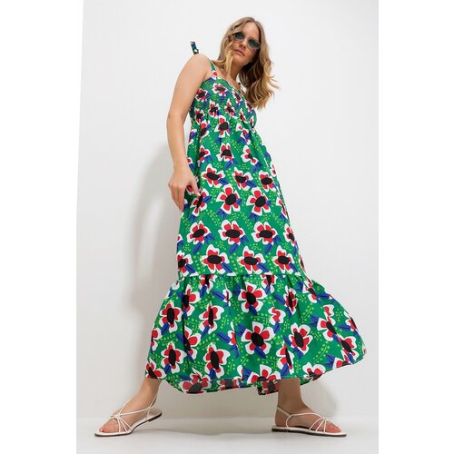 Trend Alaçatı Stili Women's Green Strap Skirt Flounce Floral Pattern Gimped Woven Dress Slike
