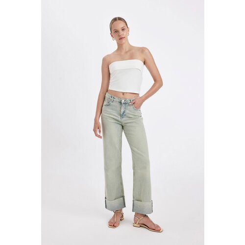 Defacto straight fit high waist folded leg ankle length jean washed trousers Slike