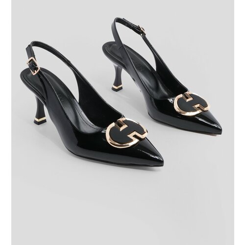 Marjin Women's Stiletto Buckle Pointed Toe Thin Heel Open Back Heel Shoes Aver Black Patent Leather Slike