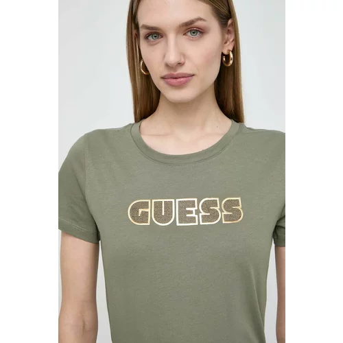 Guess Bombažna kratka majica ženski, zelena barva