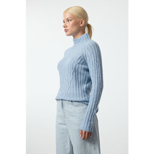 Trendyol Blue Soft Textured Knit Detailed Stand Collar Knitwear Sweater Slike