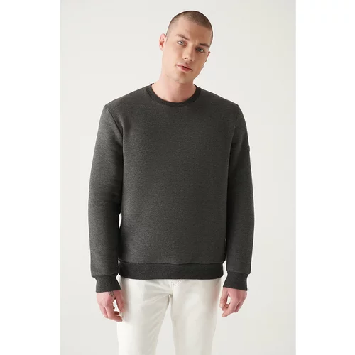 Avva Men's Anthracite Crew Neck 3 Thread Fleece Printed Standard Fit Regular Fit Sweatshirt