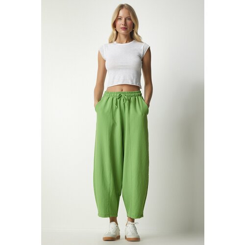 Happiness İstanbul Women's Peanut Green Linen Viscose Baggy Pants with Pocket Slike
