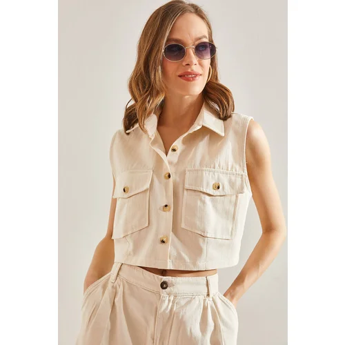 Bianco Lucci Women's Double Pocket Buttoned Crop Vest