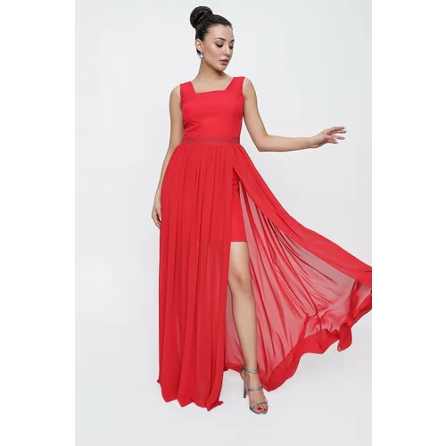 By Saygı Rhinestone Waist Decollete Skirt Chiffon Short Lined Dress Red