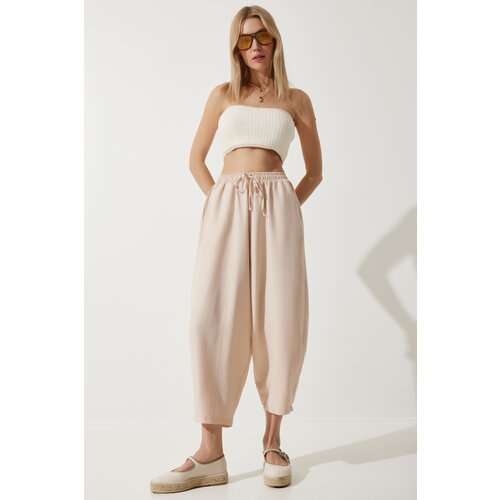  Women's Cream Pocket Linen Viscose Baggy Trousers Cene