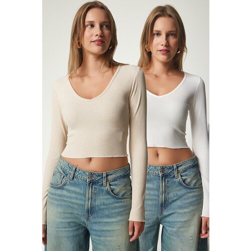 Happiness İstanbul Women's Cream White V Neck 2 Pack Crop Knitted Blouse Slike