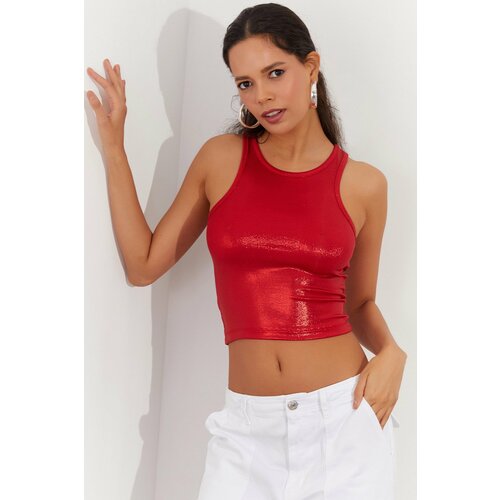 Cool & Sexy Women's Red Metallic Crop Blouse Slike