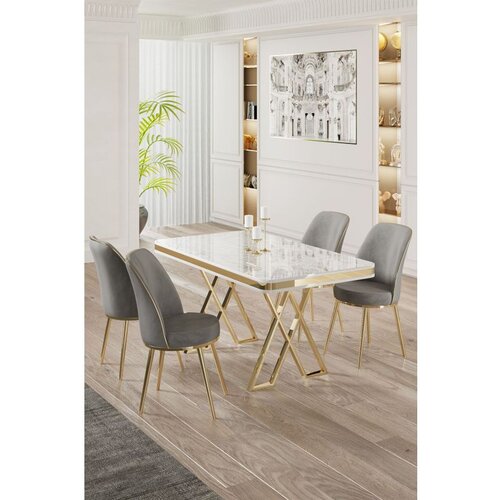 Hanah home Vals - White, Gold, Grey WhiteGoldGrey Dining Table & Chairs Set (5 Pieces) Cene