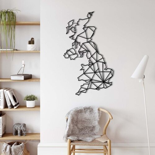 Wallxpert metalni zidni ukras 5295, geometrijska mapa Velike Britanije, 36 x 60 cm, crni Cene