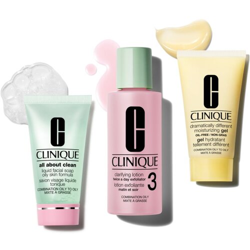 Clinique 3-Step Skin Care darilni set čistilna vodica za obraz Clarifying Lotion Twice A Day Exfoliator 2 60 ml + milo za obraz All About Clean Liquid Facial Soap Mild 30 ml + vlažilna emulzija Dramatically Different Moisturizing Lotion 30 ml za ženske Cene